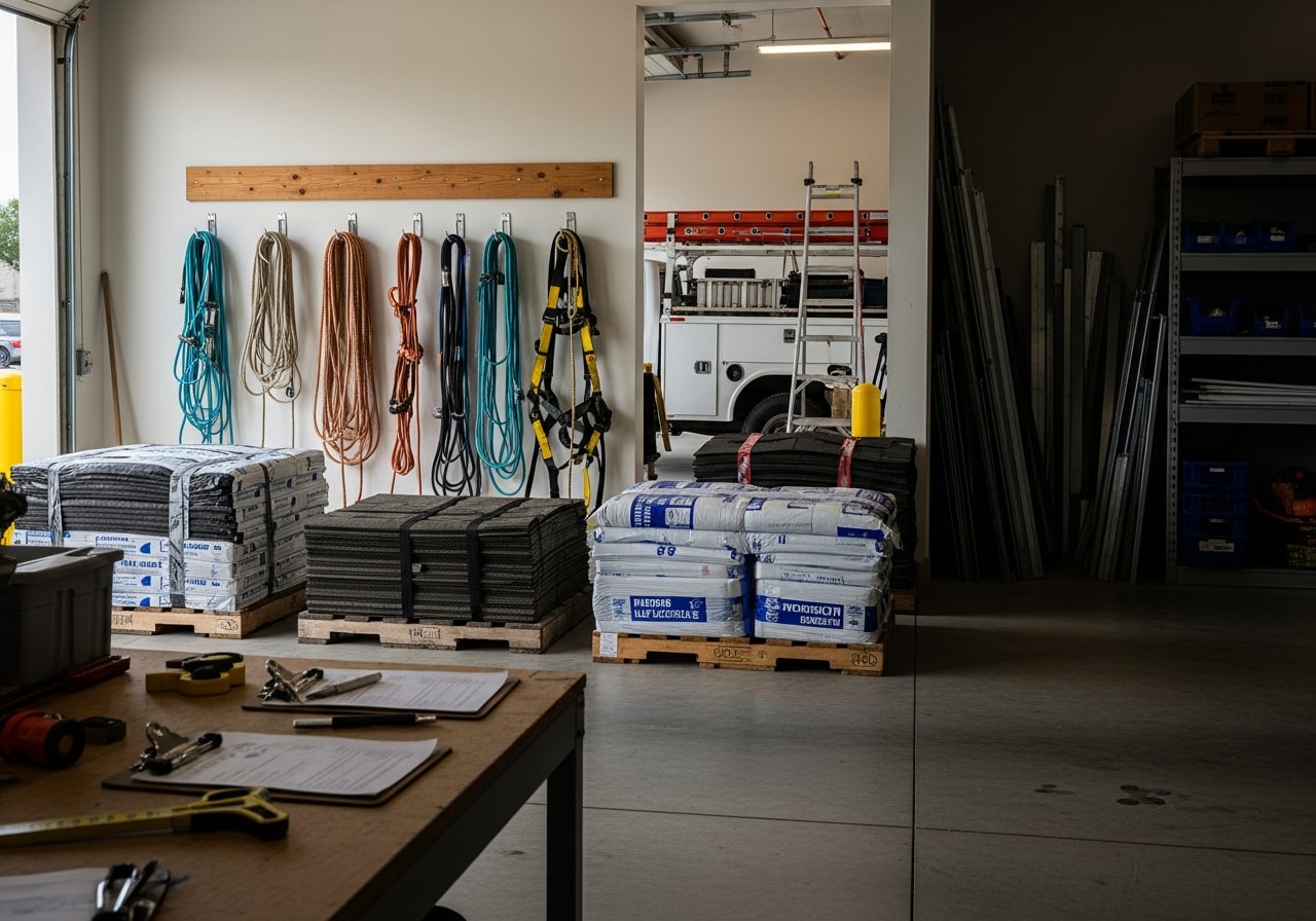 Roofing crew with tools and equipment ready for installation work on a residential or commercial property.