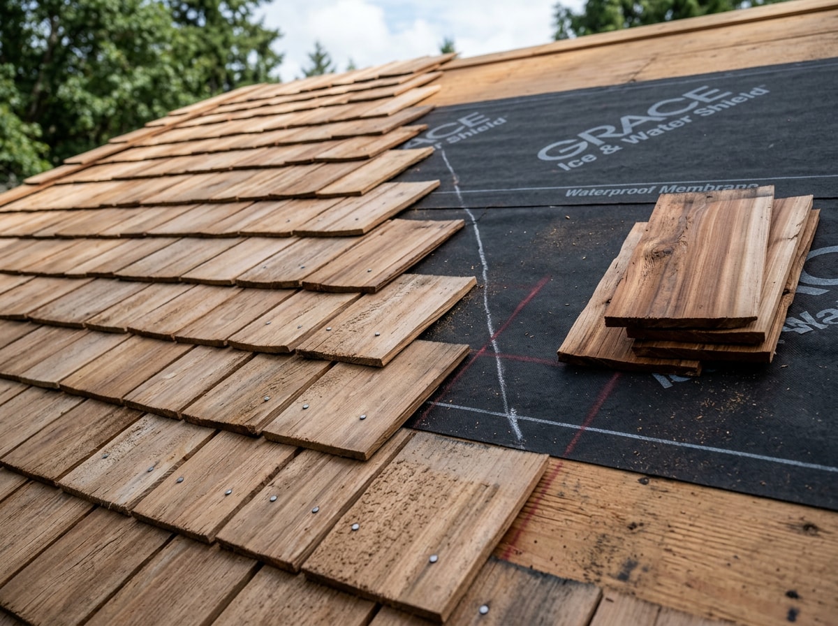Cedar shake roofing contractor installing hand-selected shakes on a Pearland, TX home