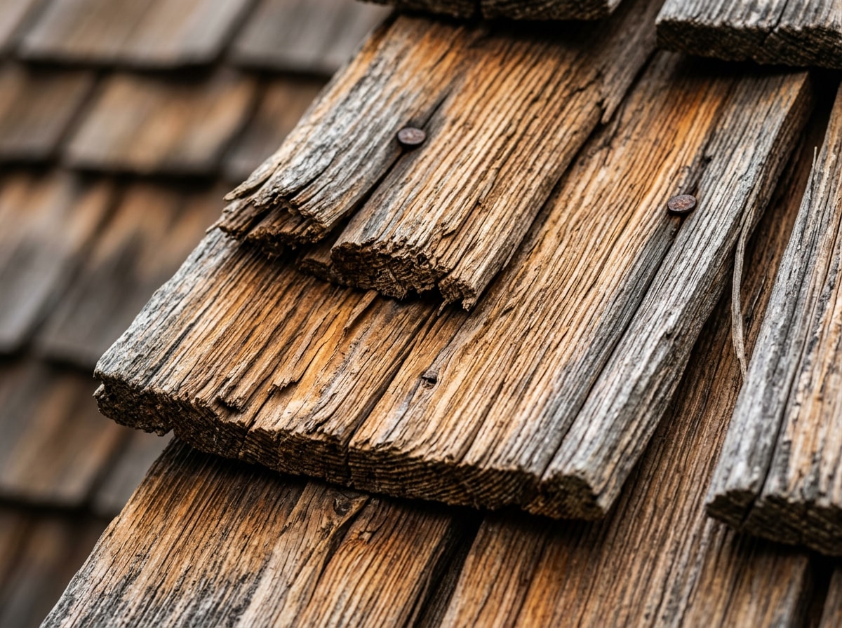 Close-up texture of hand-split cedar shakes showing natural wood grain