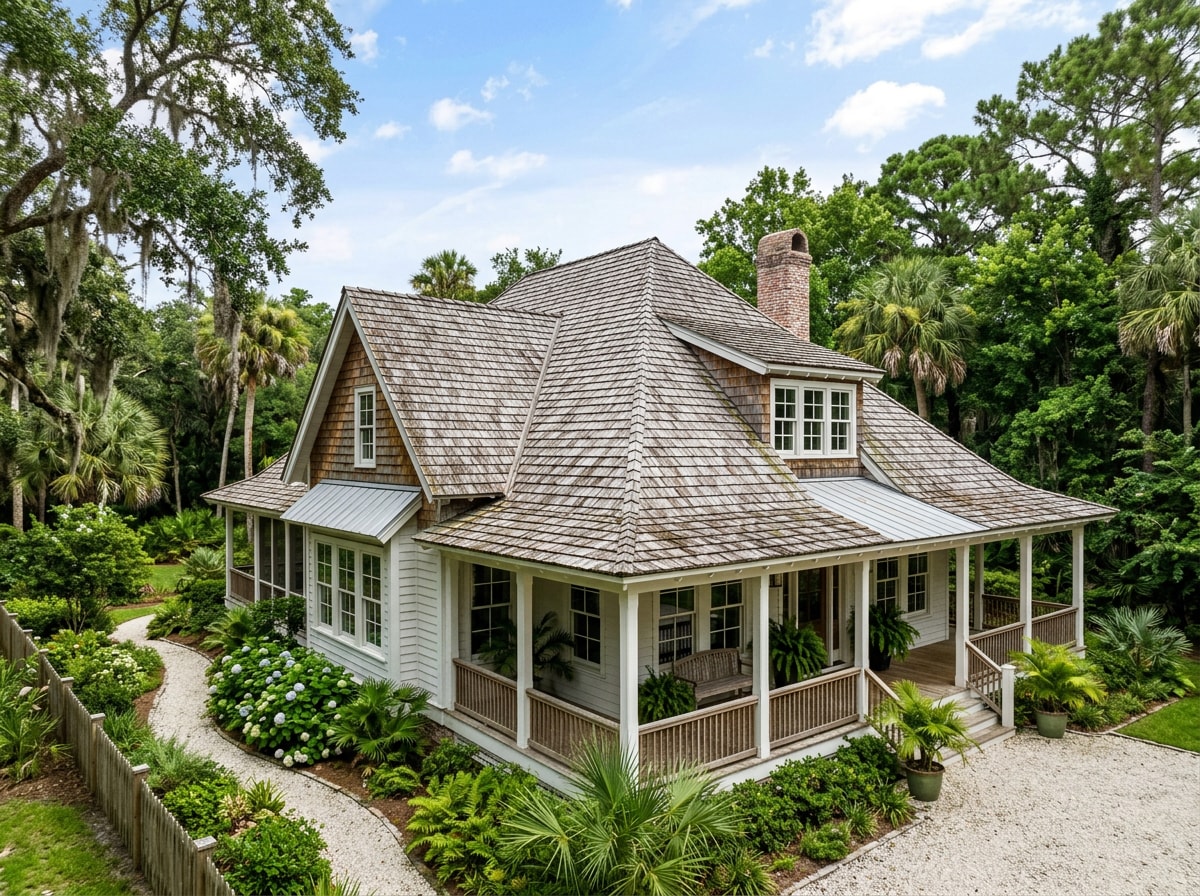 Weathered cedar shake roof on a Gulf Coast–style Pearland, TX home