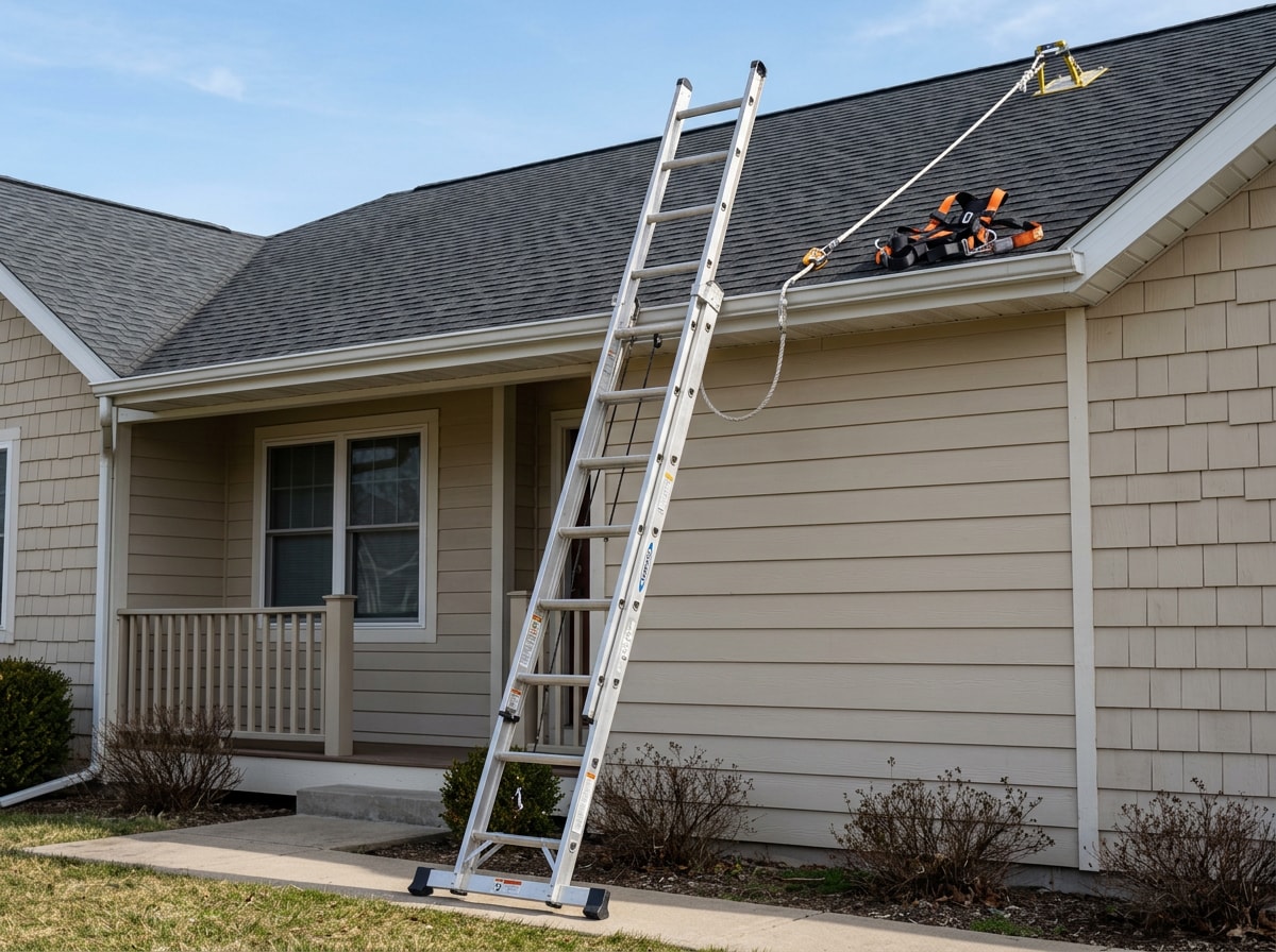 Homeowner setting up a ladder and roof harness before a DIY roof repair in Pasadena, TX