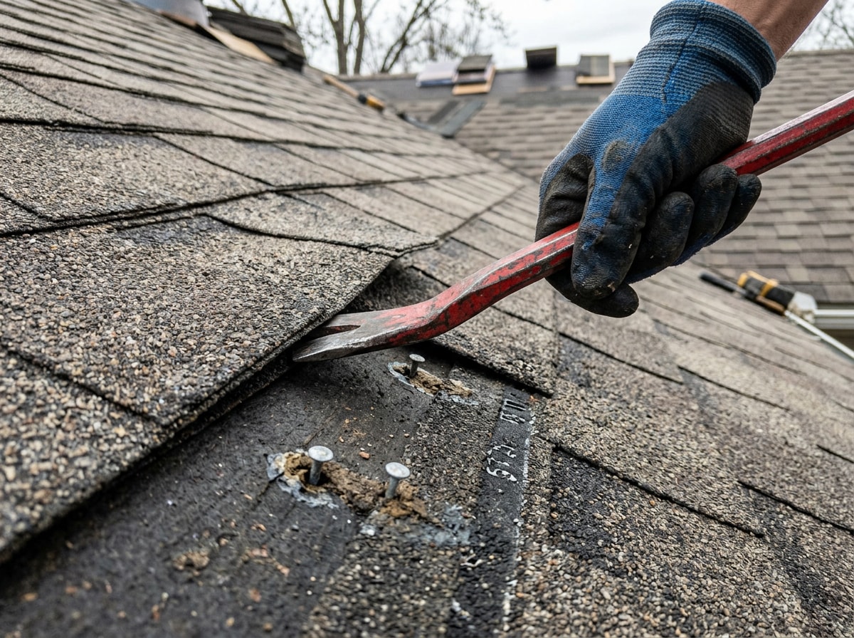 Close-up of a homeowner replacing a missing asphalt shingle during a DIY roof repair