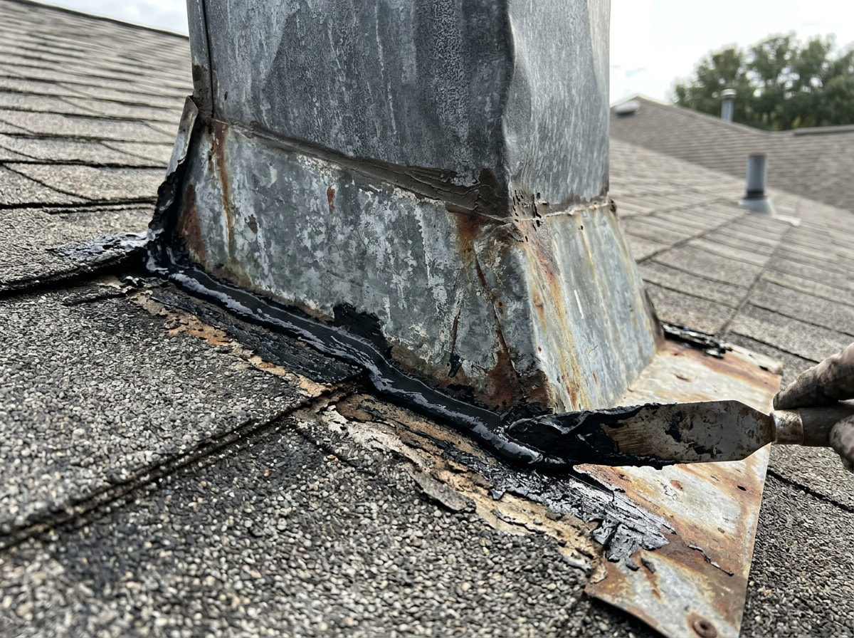 Close-up of weathered chimney flashing being resealed during a DIY roof repair