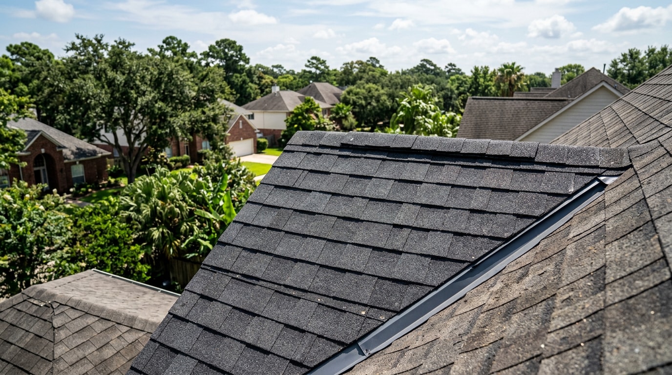 Freshly patched asphalt shingle roof section on a Pasadena, TX home