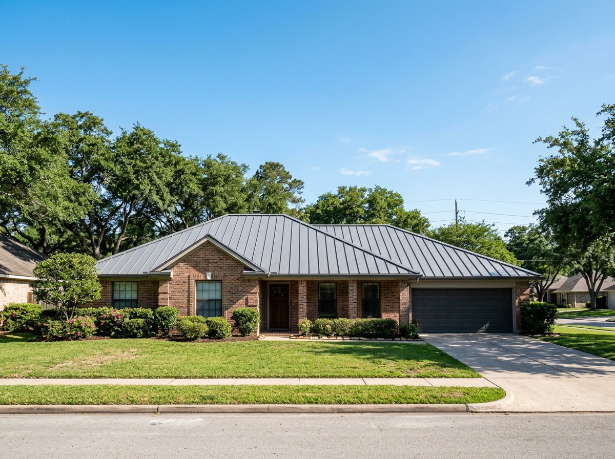Installed standing-seam Galvalume metal roof on a Houston-area home