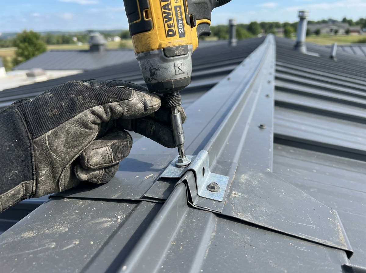 Installer performing a seam inspection on a metal roof