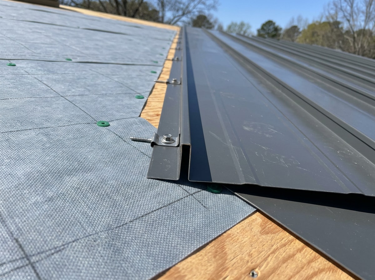 Close-up of properly installed metal roofing panels and underlayment on a Texas home