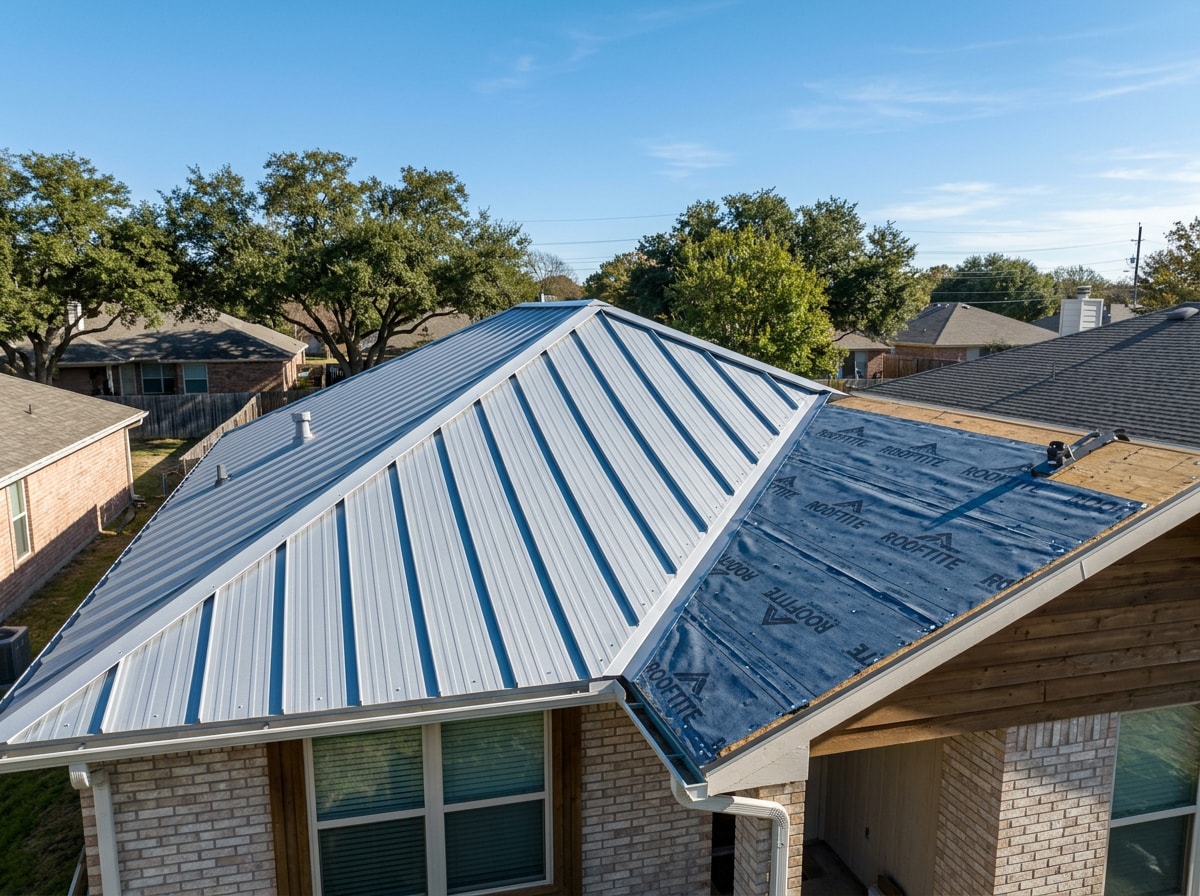 Synthetic underlayment installed beneath standing seam metal panels on a Woodlands, TX roof
