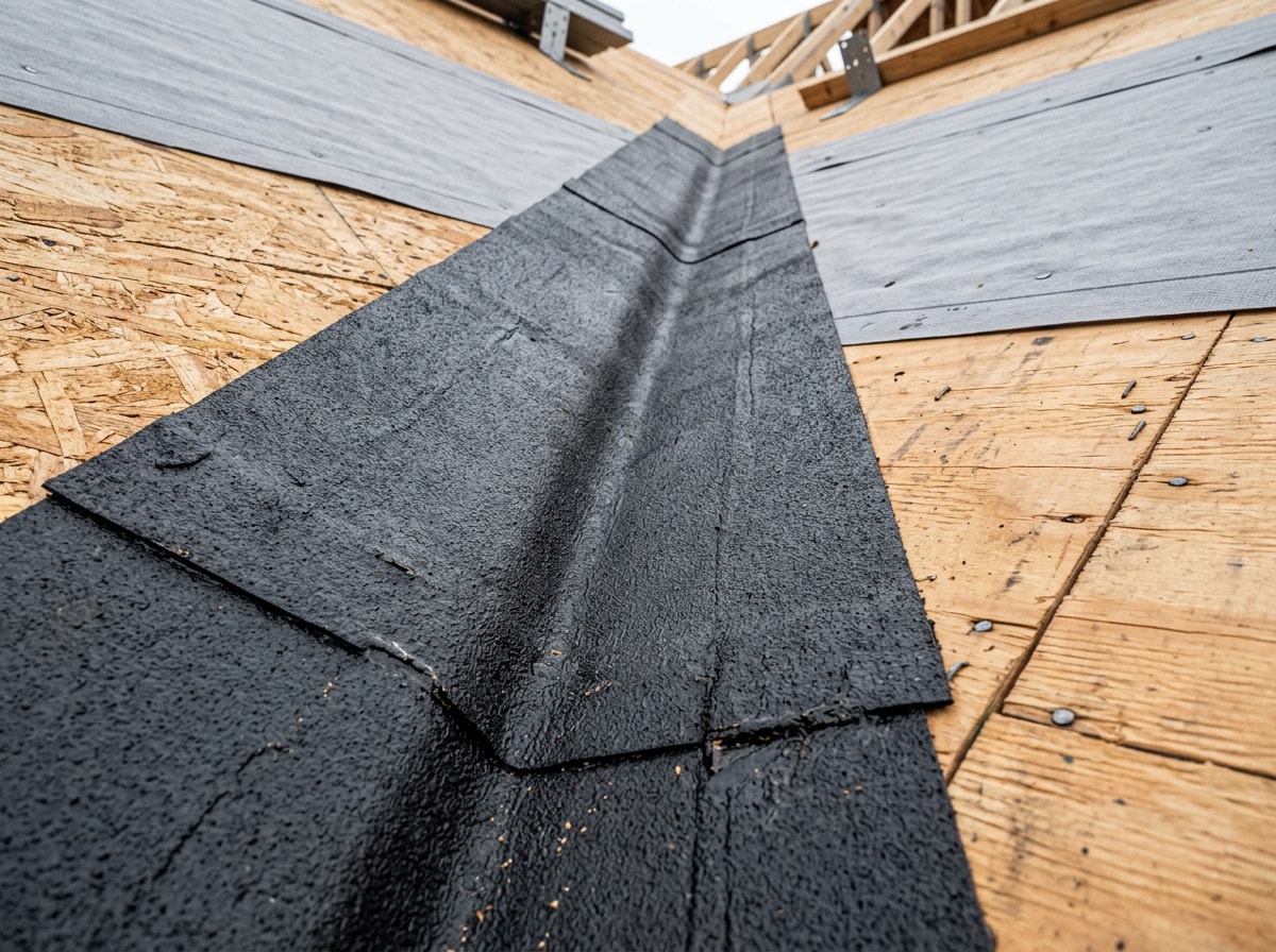 Roofing crew installing self-adhered ice and water shield membrane in a valley on a metal roof