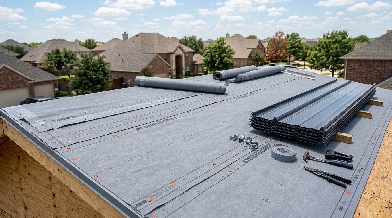 Synthetic underlayment installed on a roof deck before metal panel installation Synthetic underlayment installed on a roof deck before metal panel installation