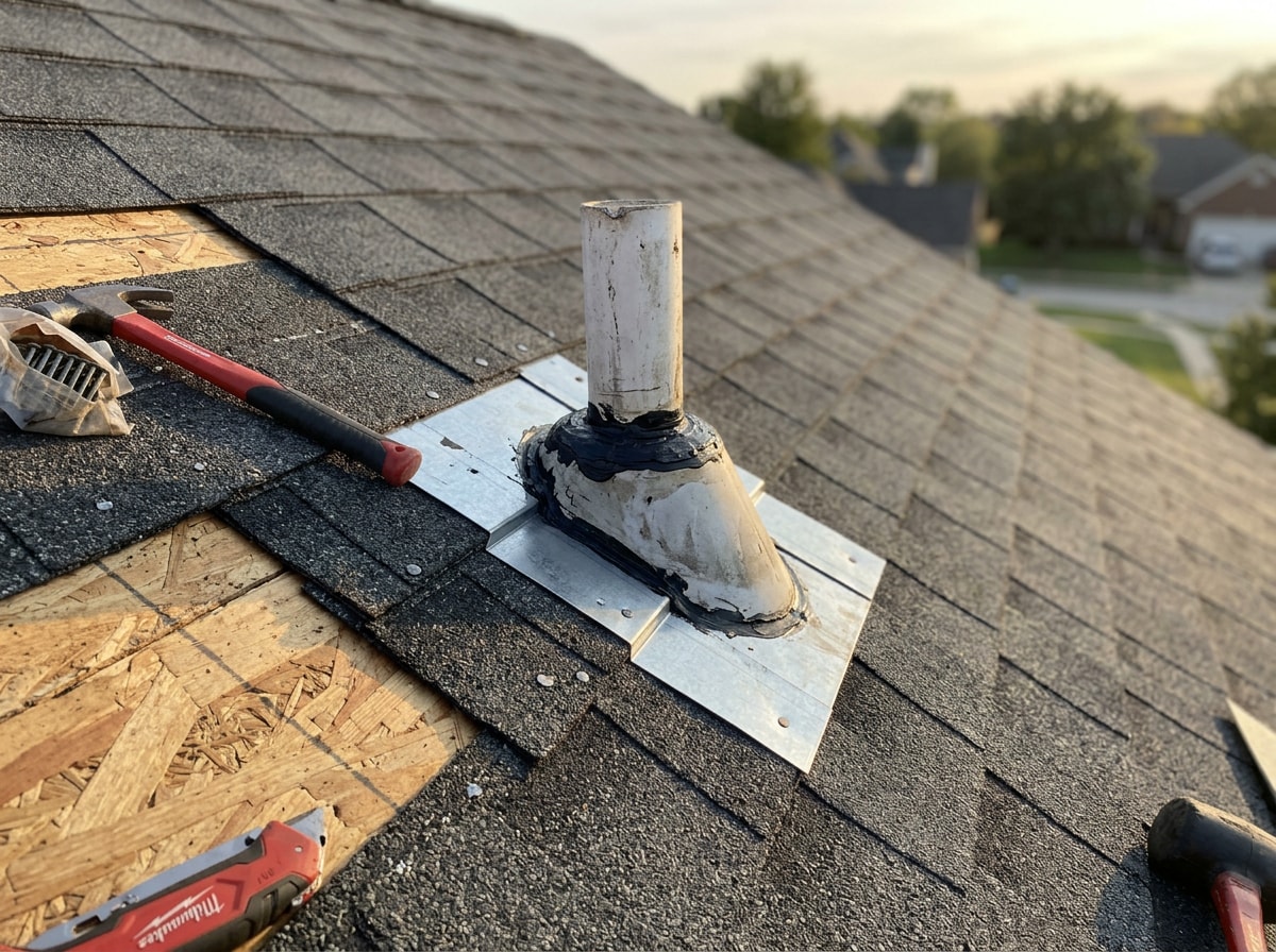 Close-up of a contractor applying new flashing and shingles during a roof repair in Rosenberg, TX