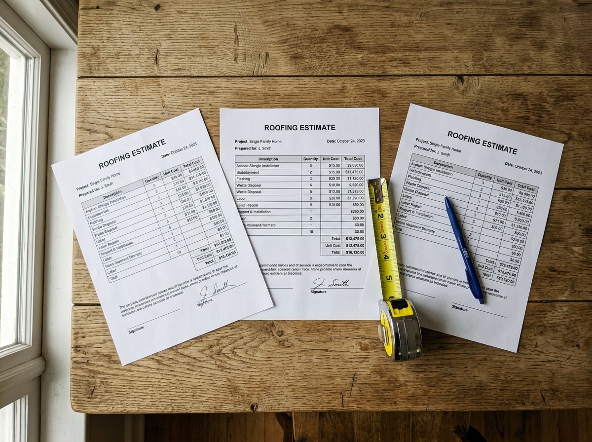 Three roof repair estimate documents laid side by side on a table for comparison