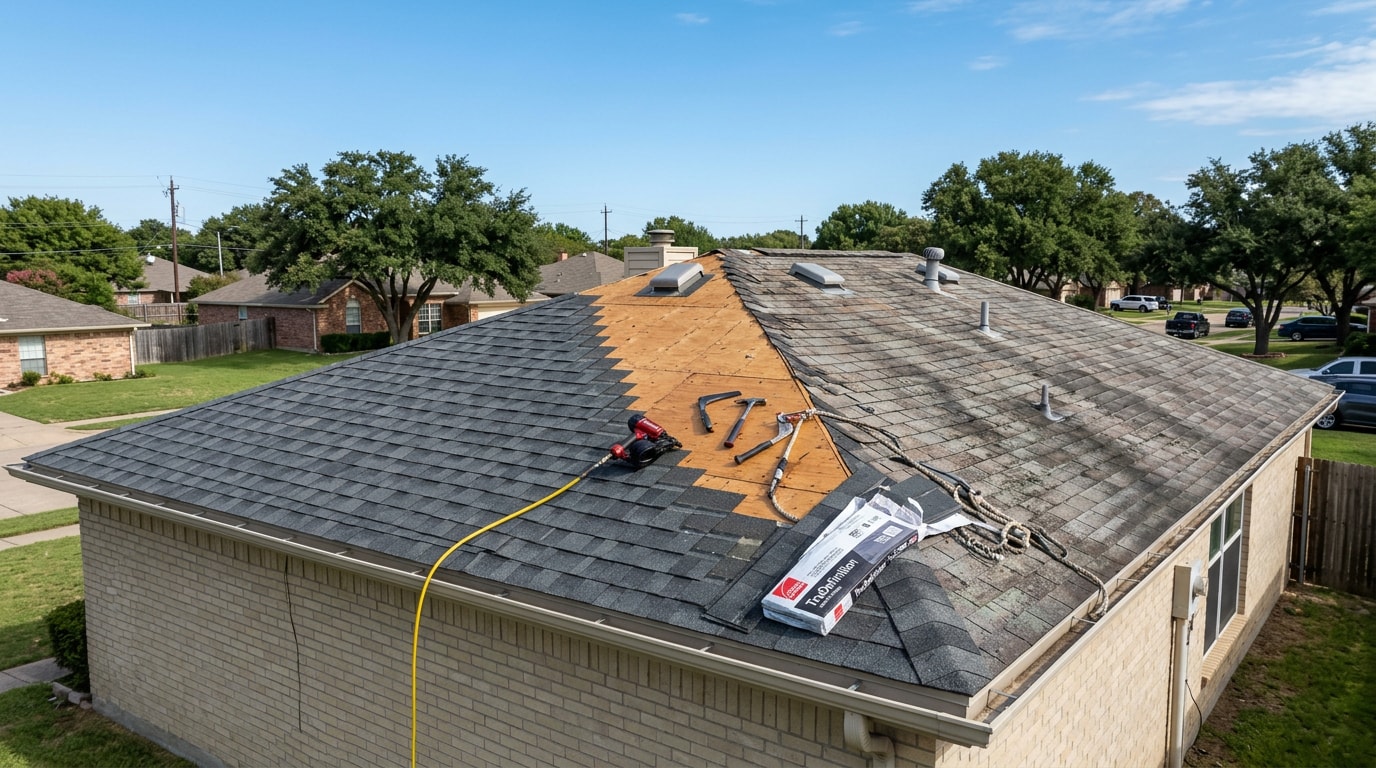 Roof repair in progress on a residential home in Rosenberg, TX