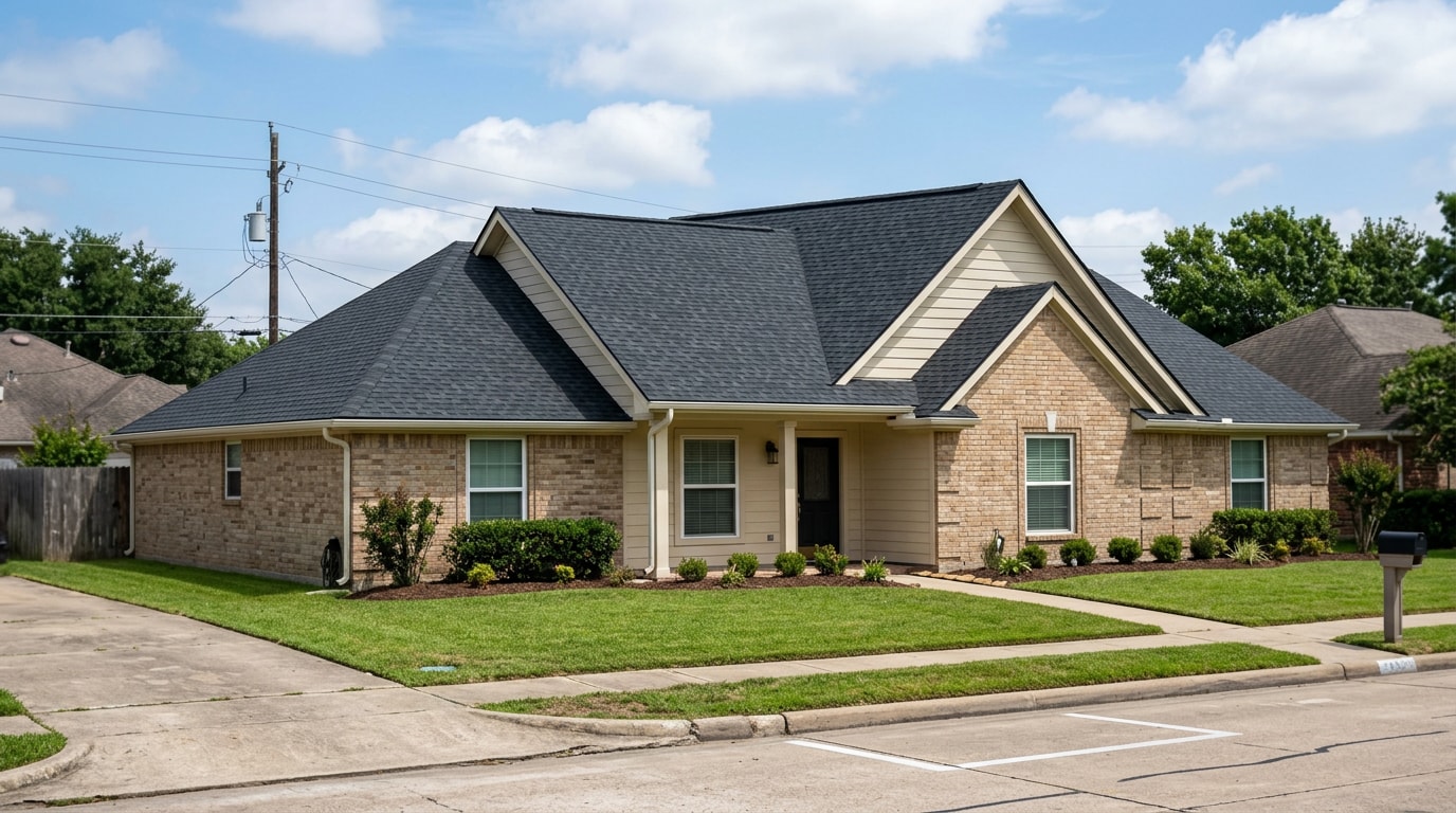 Newly completed asphalt shingle roof replacement on a Richmond, TX home