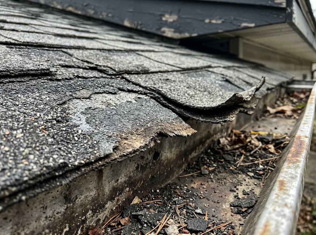 Close-up of curling shingles and granule loss indicating roof replacement signs in Cypress, TX