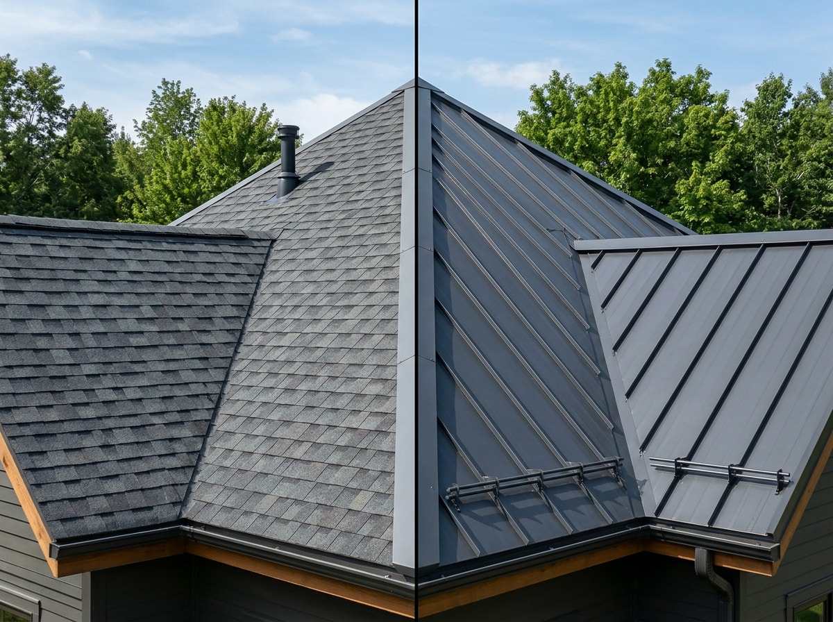 Side-by-side comparison of architectural shingle and standing seam metal roofing materials