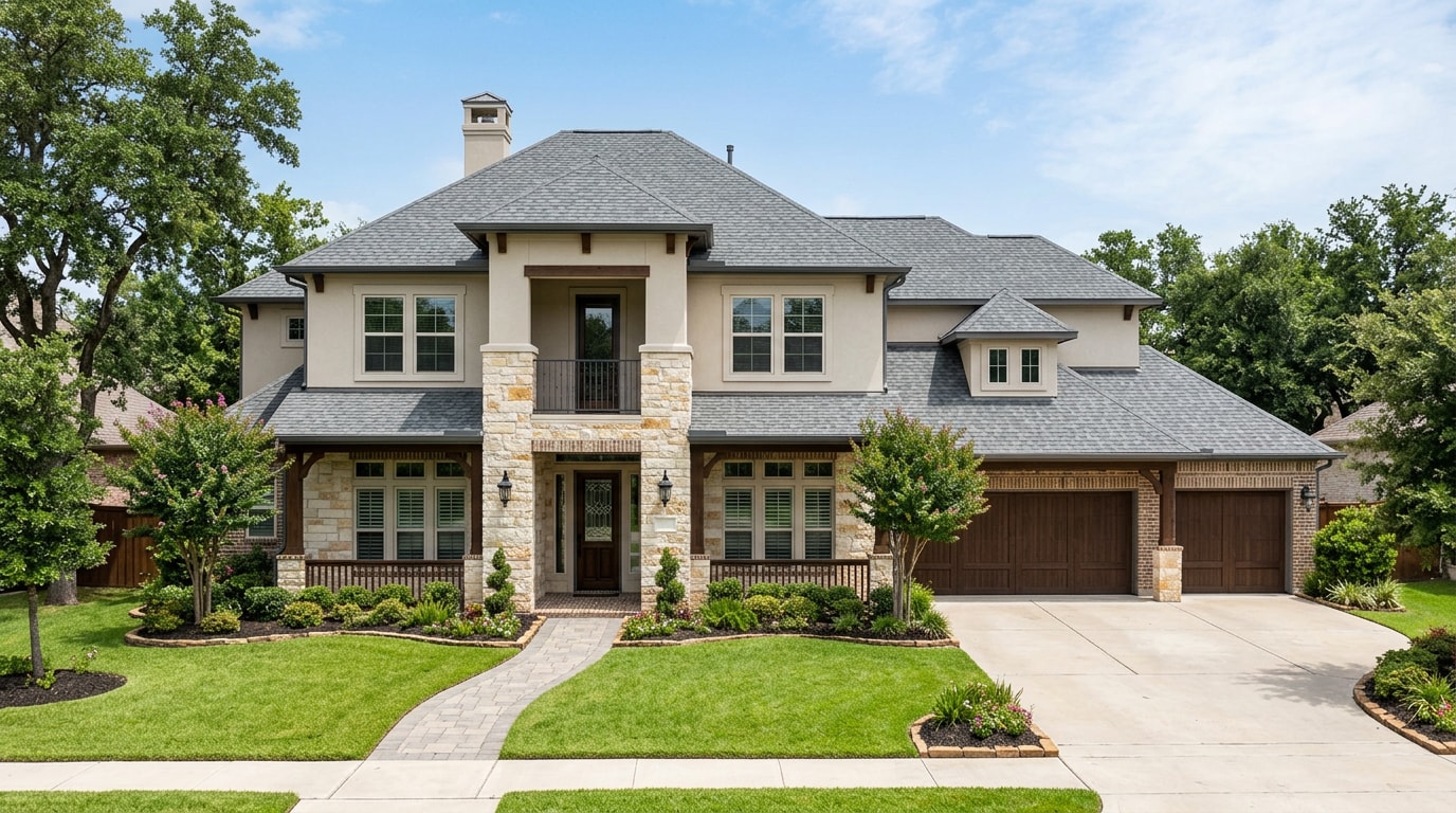 Newly completed architectural shingle roof replacement on a suburban Cypress, TX home Newly completed architectural shingle roof replacement on a suburban Cypress, TX home