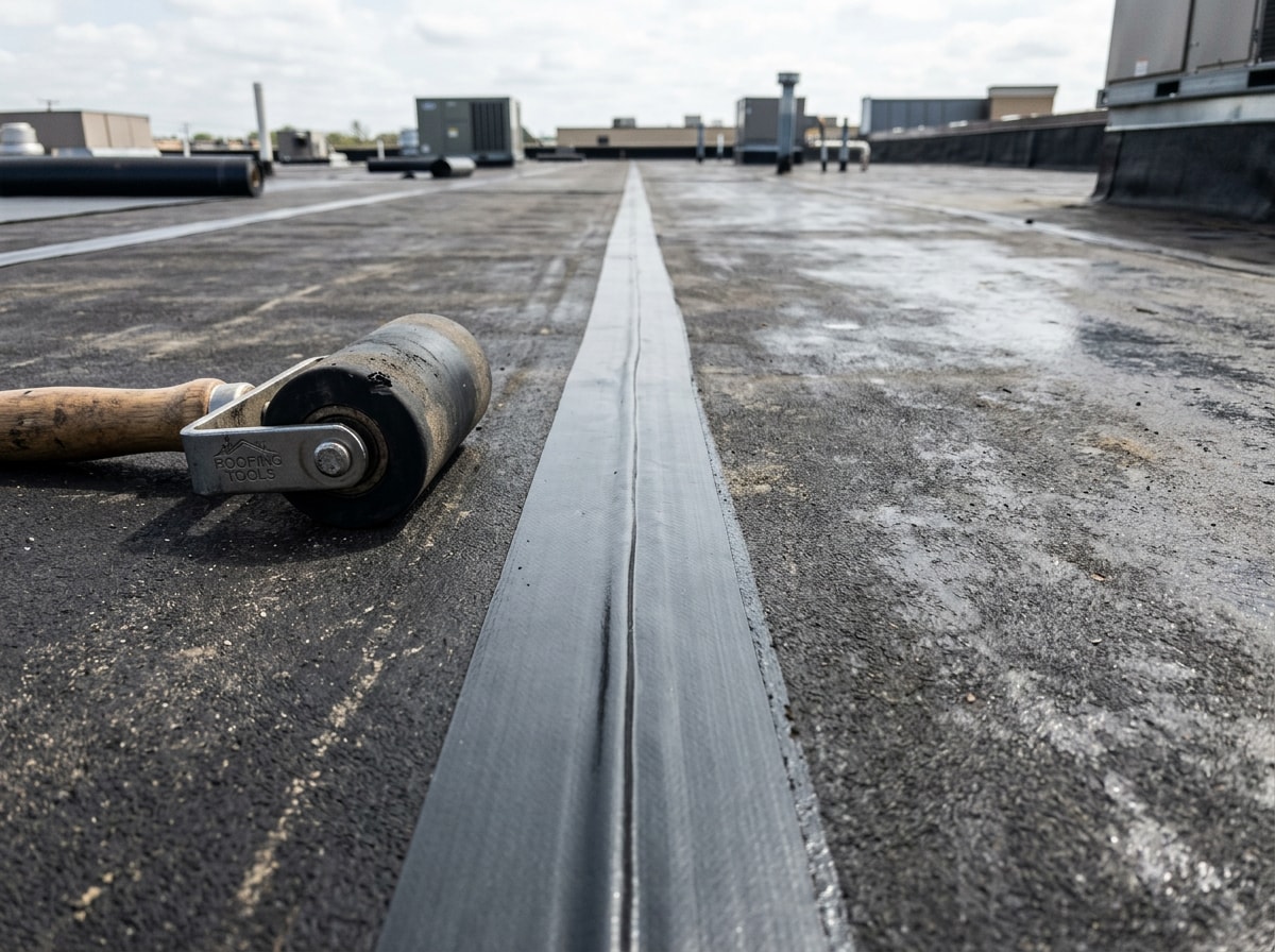Technician applying EPDM seam tape to a flat roof membrane seam