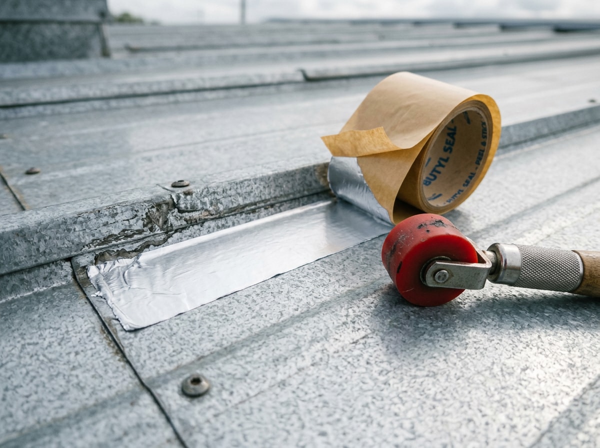 Step-by-step sequence of hands applying and rolling roofing tape over a seam