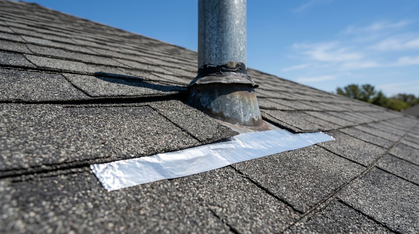 Roofing tape sealing a shingle and vent flashing on a Katy, TX residential roof Roofing tape sealing a shingle and vent flashing on a Katy, TX residential roof