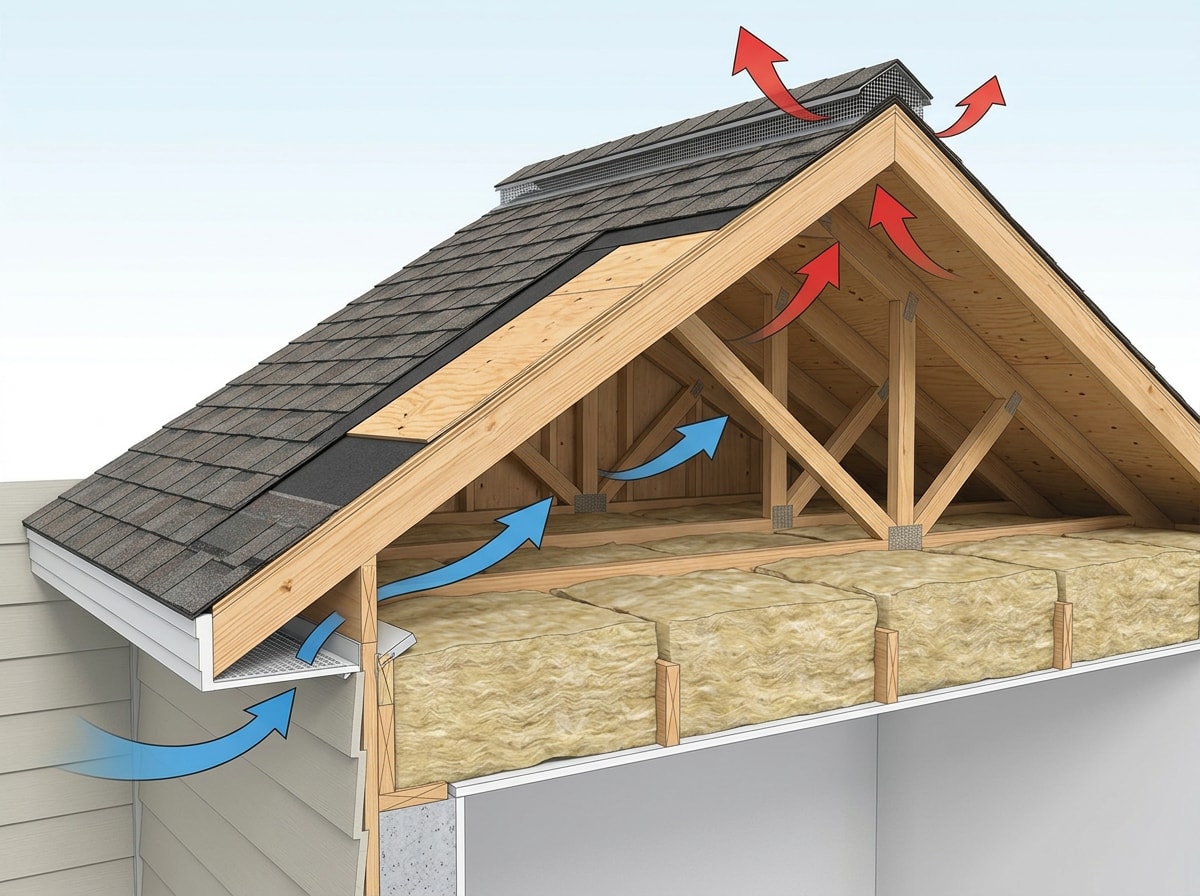 Diagram showing intake and exhaust airflow path through a Houston attic with ridge and soffit vents