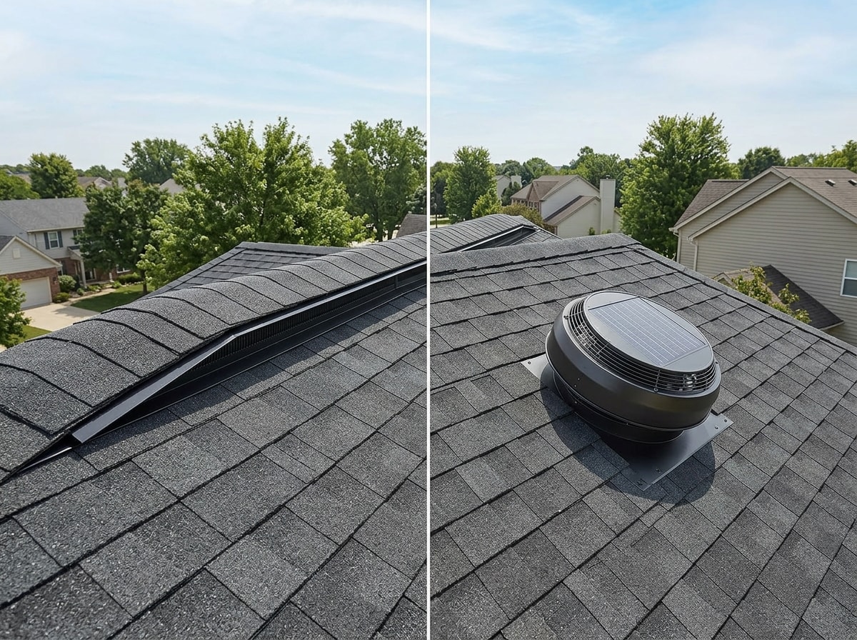 Comparison graphic of passive versus powered attic ventilation systems for Houston homes