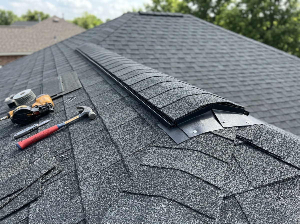 Roofer installing and flashing a ridge vent on a Houston home