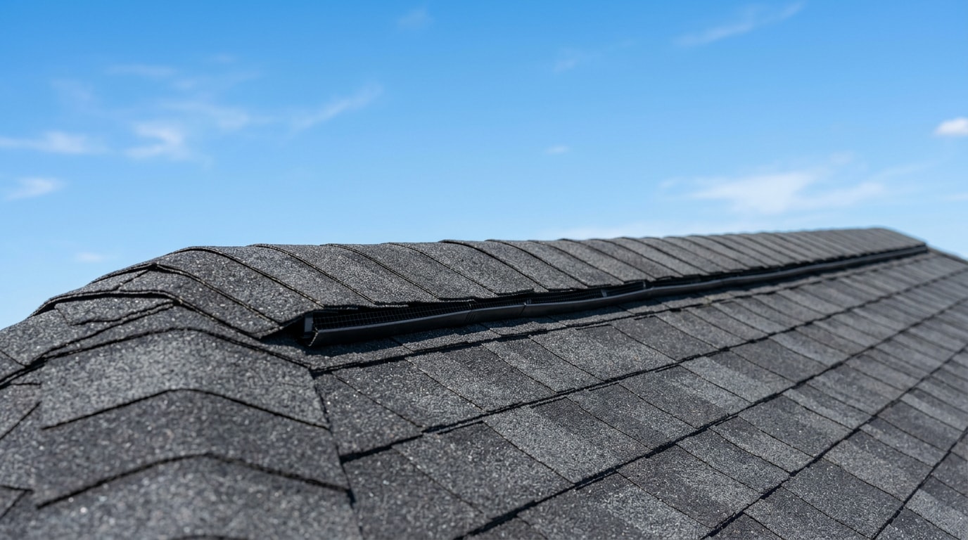 Finished ridge vent installed along the peak of a Houston home's asphalt shingle roof