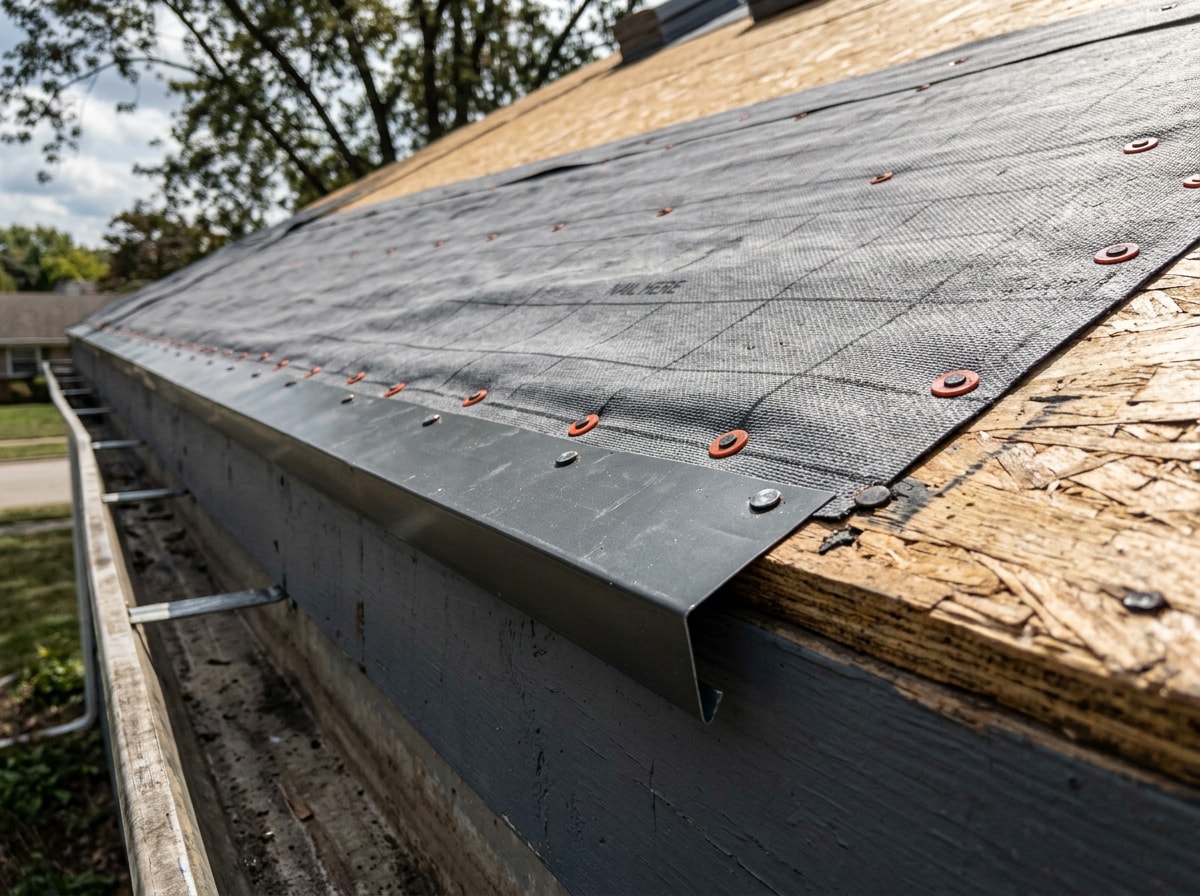 Close-up of underlayment and drip-edge flashing detail on a new shingle roof