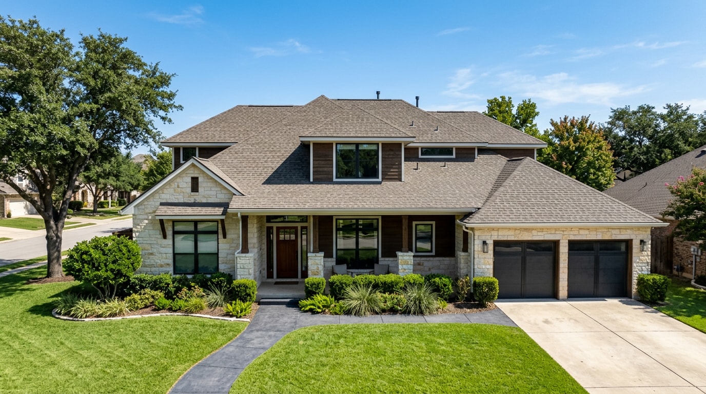 Newly completed architectural shingle roof installation on a suburban New Caney, TX home Newly completed architectural shingle roof installation on a suburban New Caney, TX home