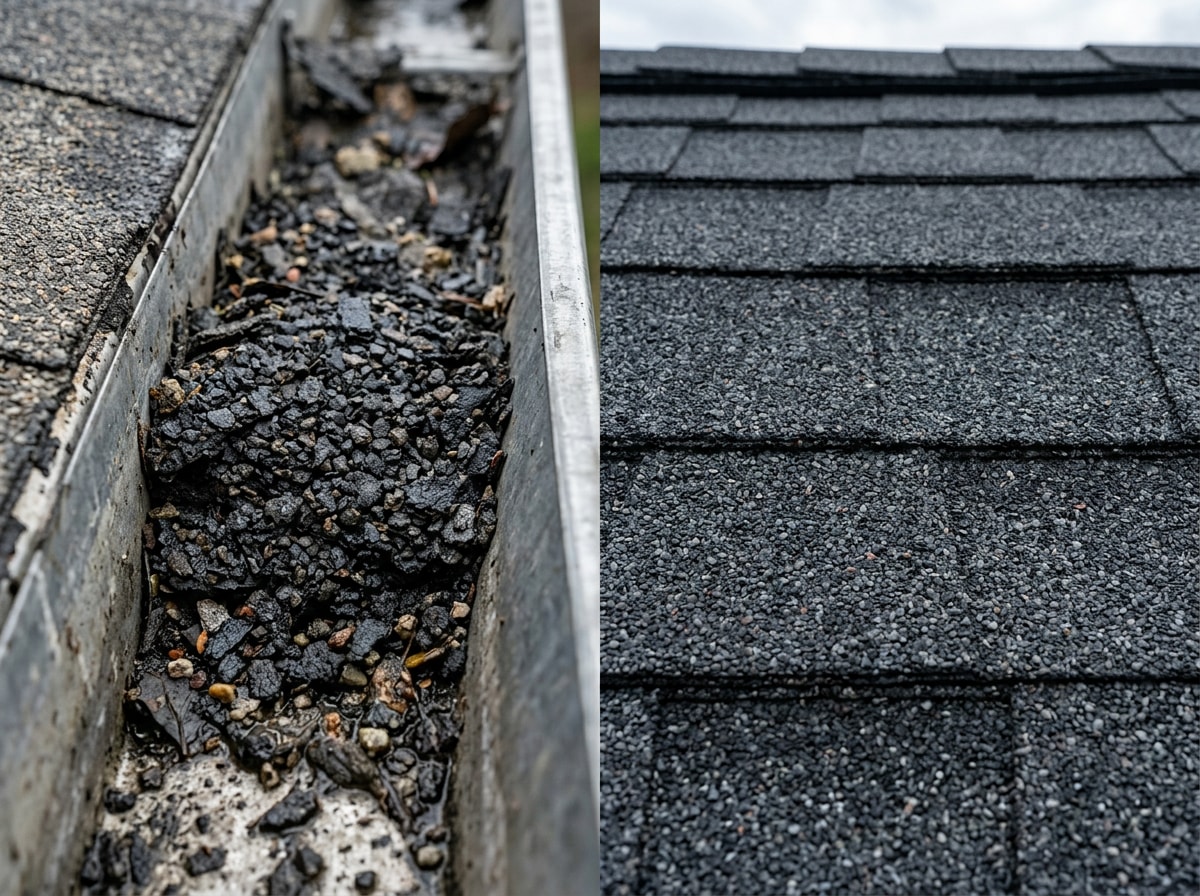Close-up comparison of granule buildup in a gutter versus a healthy asphalt shingle surface