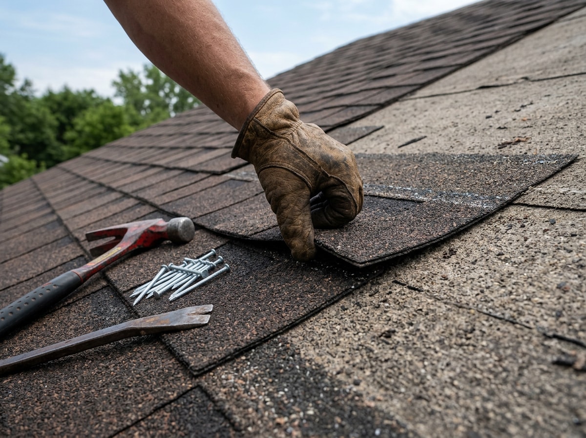Technician replacing a single damaged asphalt shingle on a sloped residential roof