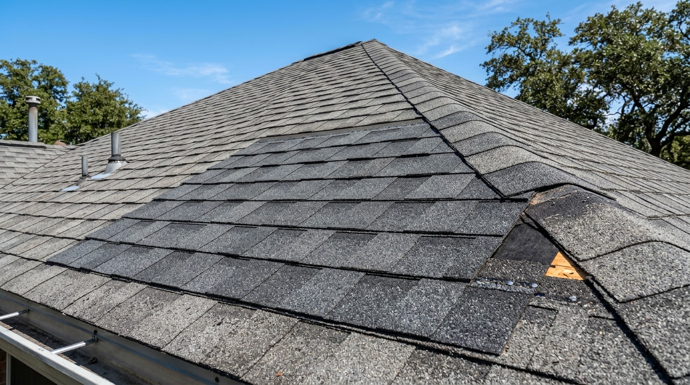 Freshly repaired asphalt shingle section on a residential roof in Atascocita, TX Freshly repaired asphalt shingle section on a residential roof in Atascocita, TX