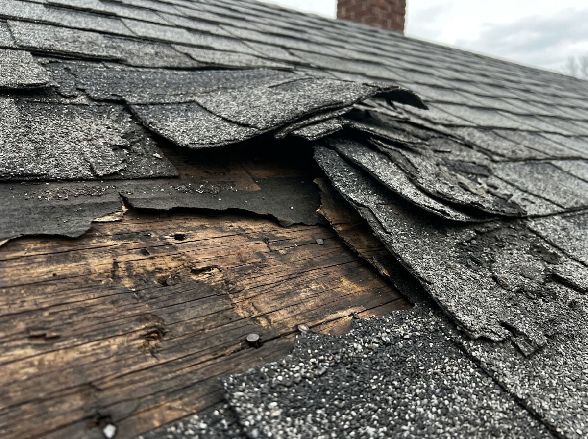 Close-up of curling and lifted shingles exposing roof decking on a Stafford, TX home