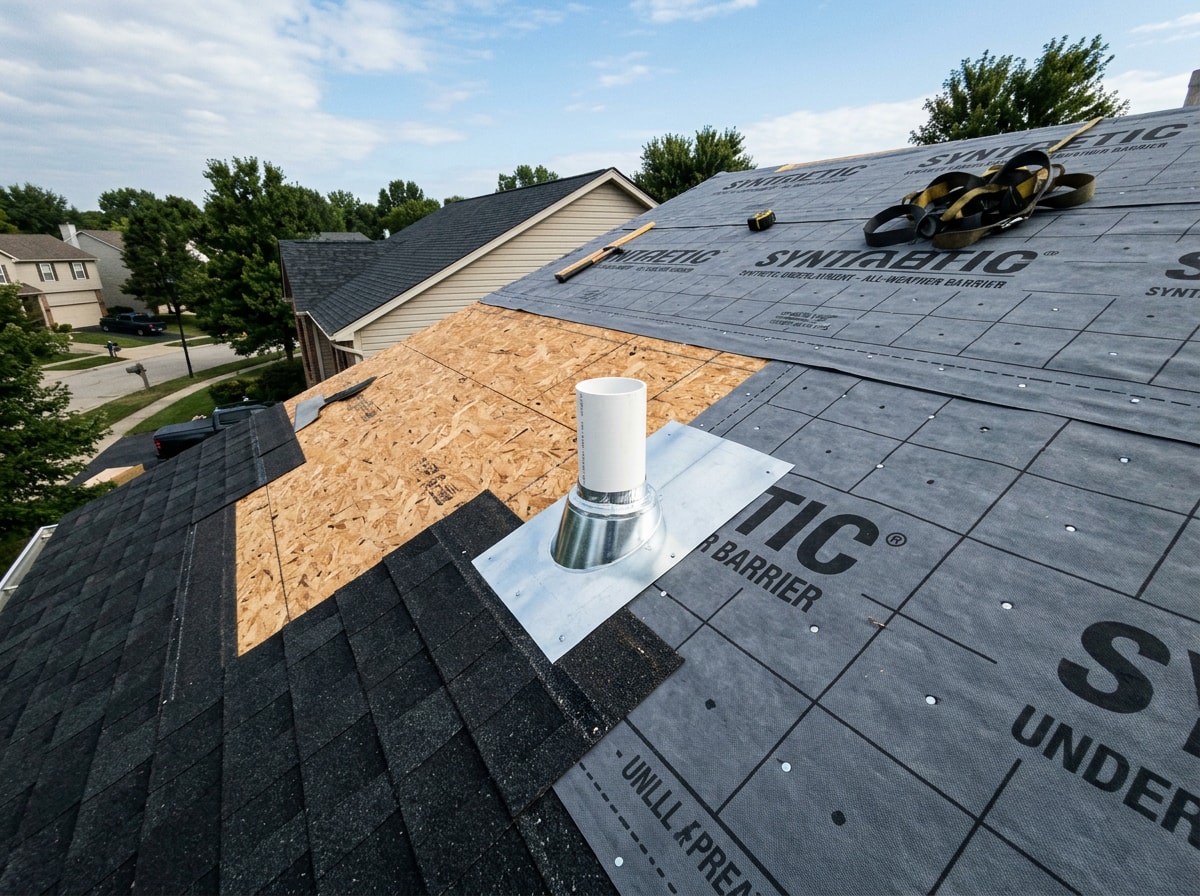 Roofing crew installing underlayment and flashing during a shingle roof replacement
