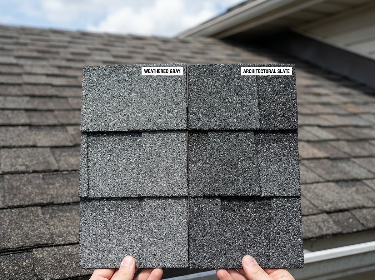 Side-by-side comparison of two asphalt shingle color samples for a roof repair match