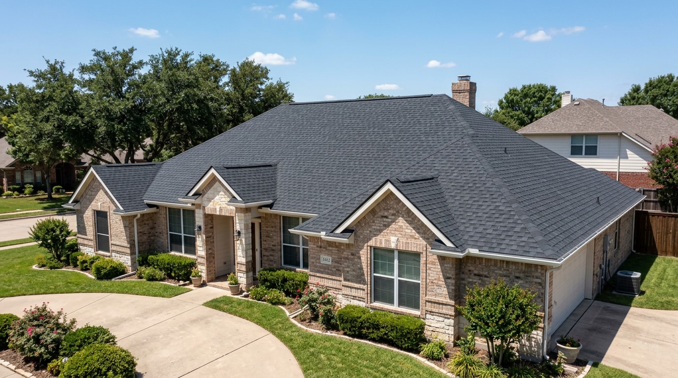 Finished shingle roof installation on a Stafford, TX home