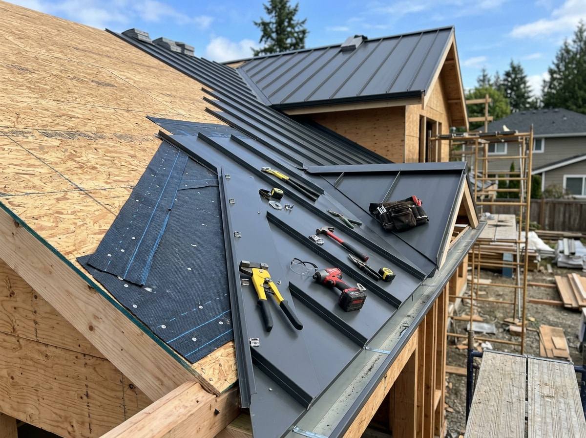 Roofing crew installing and seaming standing seam steel panels