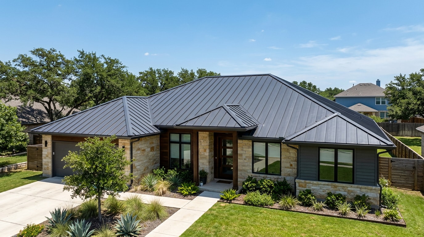 Finished standing seam steel roof on a suburban home in Alvin, TX Finished standing seam steel roof on a suburban home in Alvin, TX