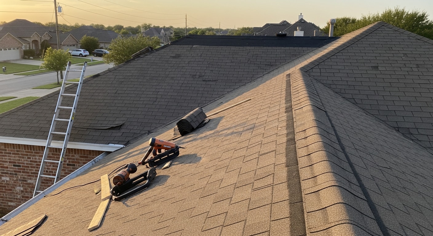 Roof damage from hail and storm with repair assessment in progress