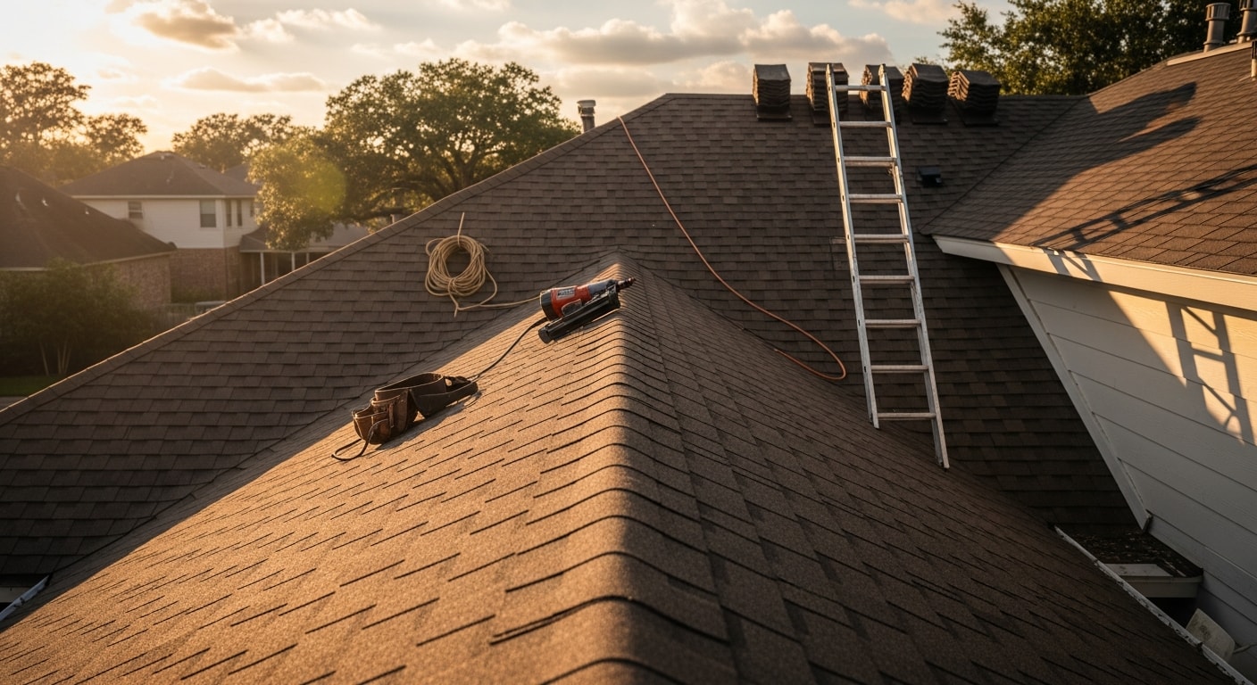 Professional roofer installing shingles on residential home in Houston