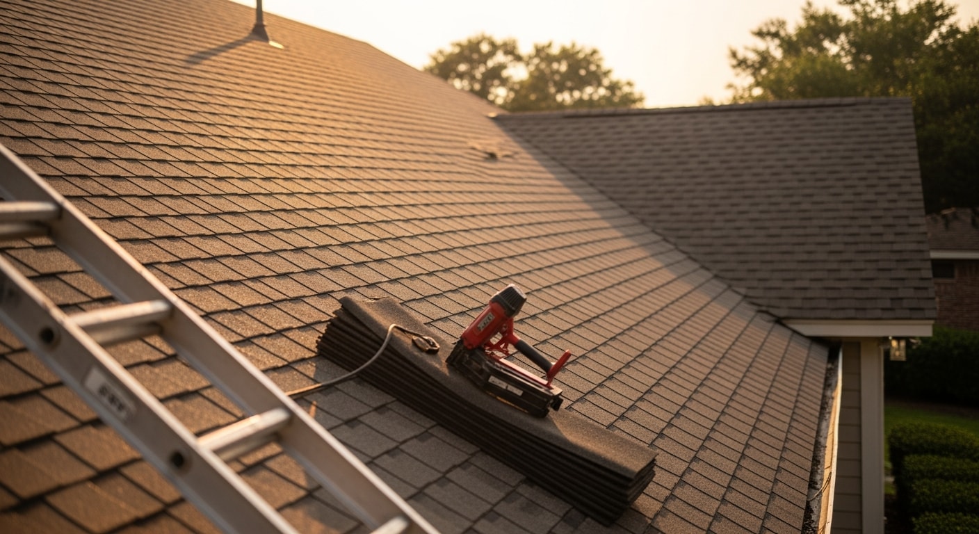 Close-up of different roofing materials including metal, TPO, and shingles
