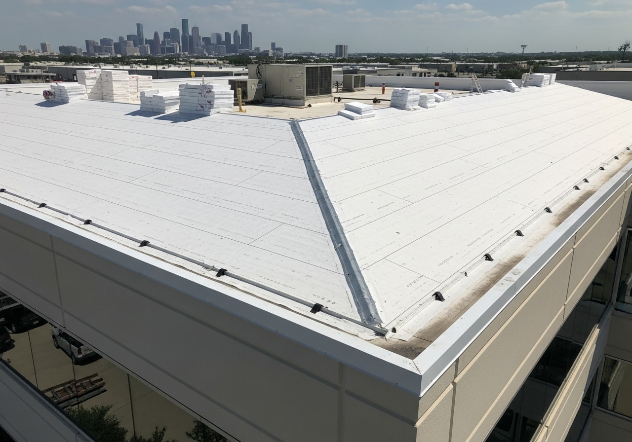 New TPO membrane flat roof on commercial office building in Houston