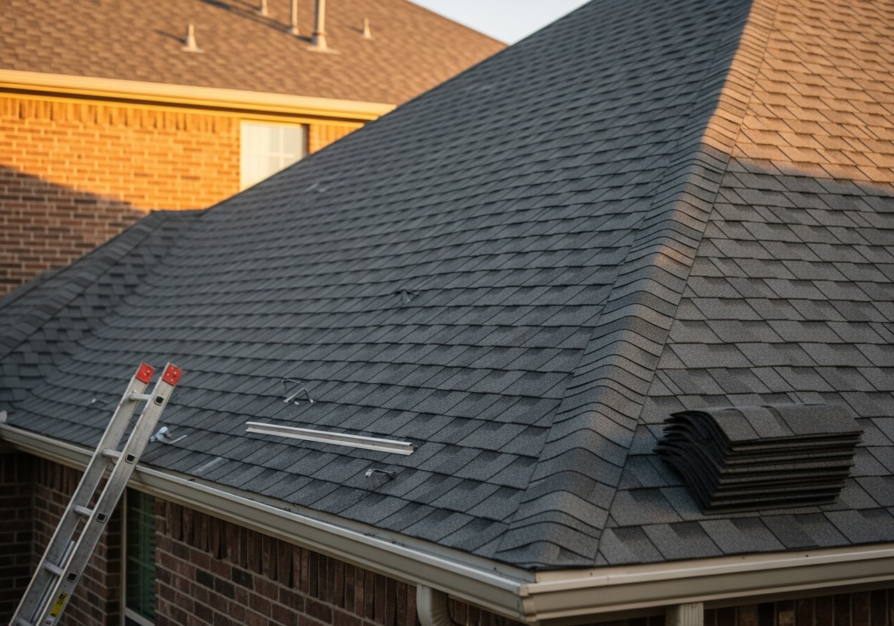 Newly installed GAF Timberline HD charcoal gray shingles on residential home in The Heights