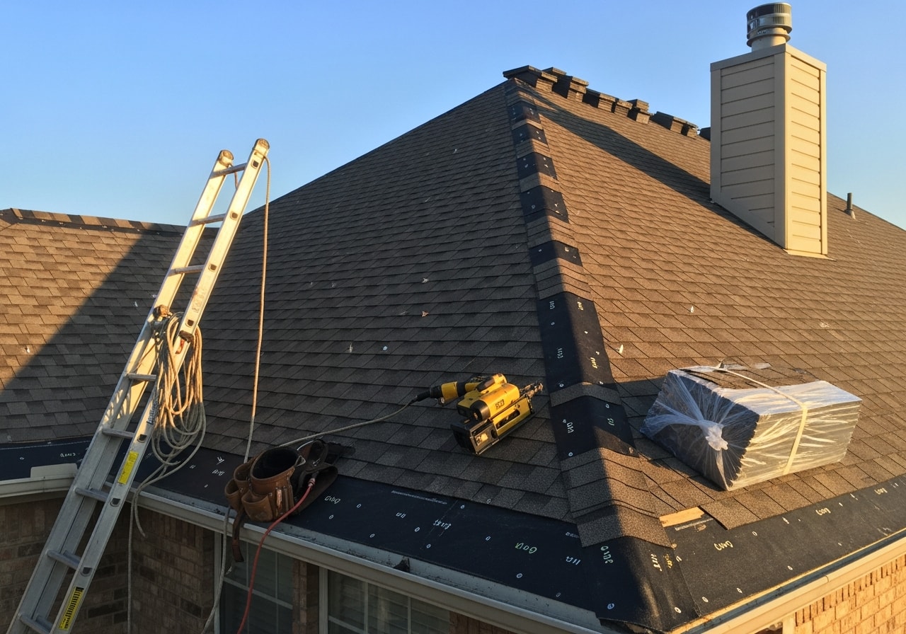Wind-damaged residential roof with replaced shingles and reinforced fasteners in Sugarland