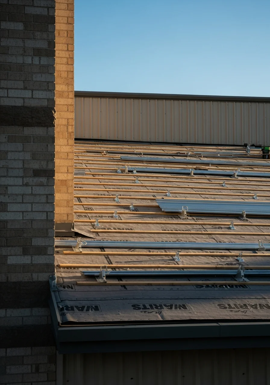 Commercial roofing installation on Alvin business building with clear blue sky