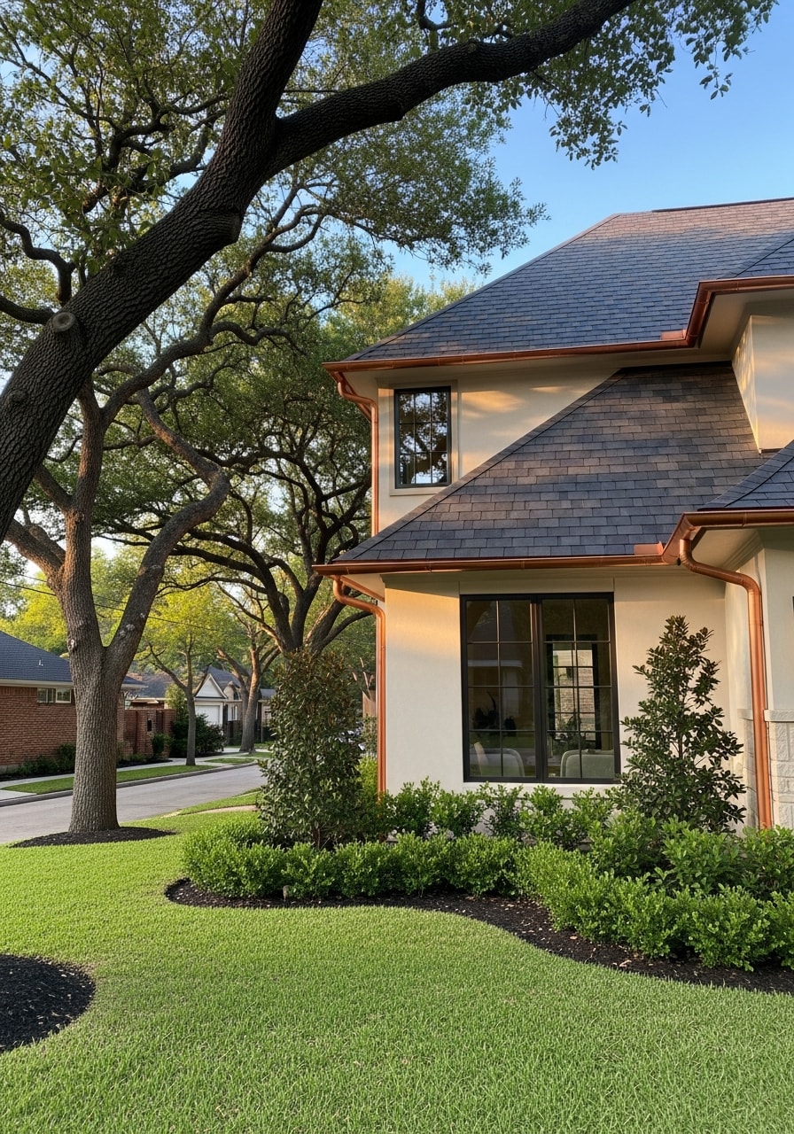 Modern Houston home with updated exterior and landscaping in a residential neighborhood.