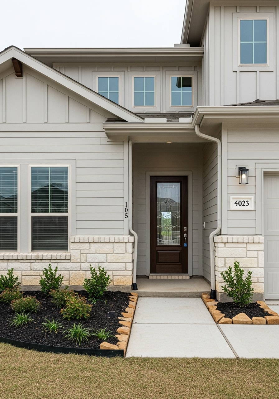 Close-up of a Katy home's entrance showing quality materials and modern design details.