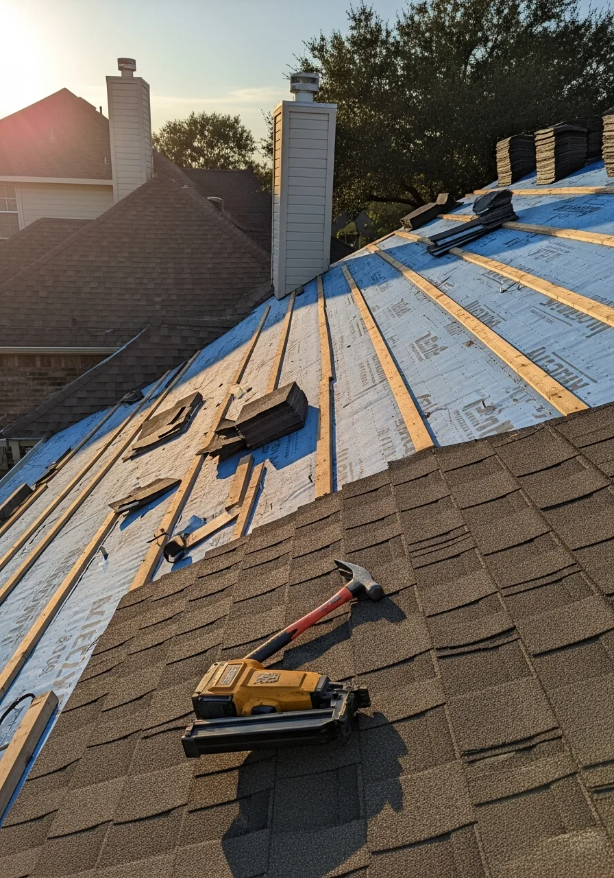 Professional roofing contractor installing new roof on New Caney home