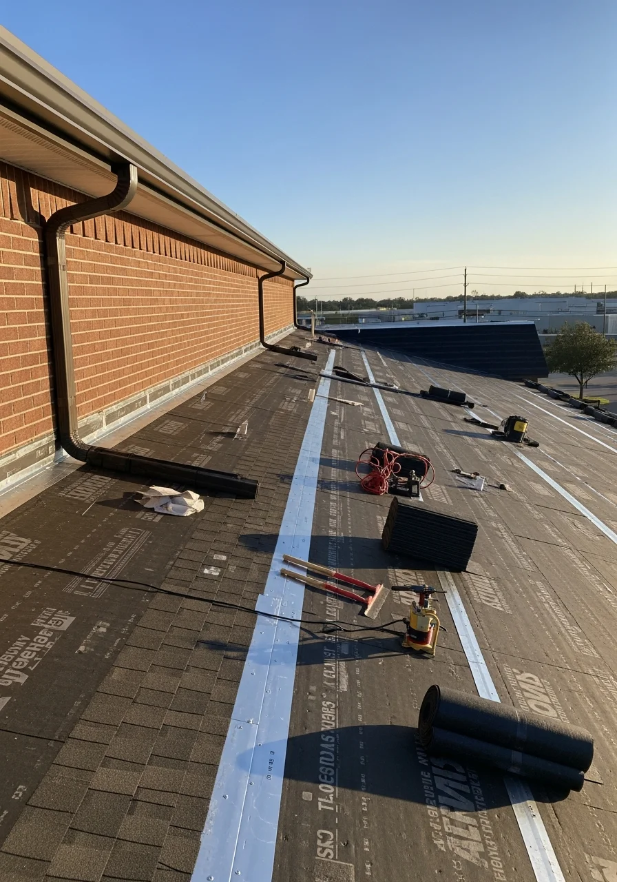 Professional roofing installation on commercial building in Pasadena with clear blue sky